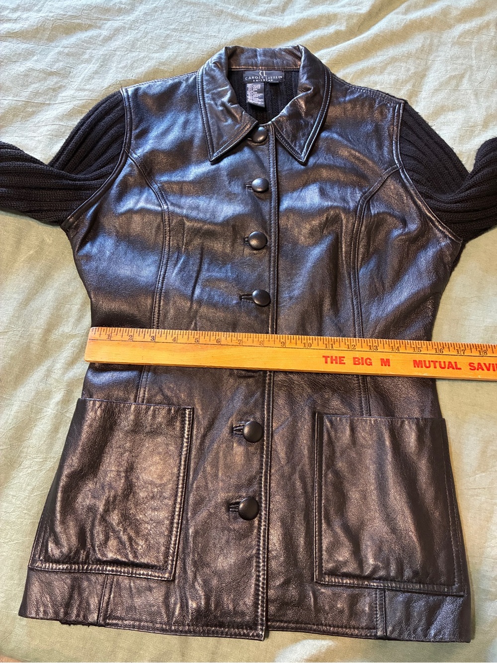 Vintage Carole Little Black Leather & Wool Sweater Jacket | Size Medium - Picture 9 of 10